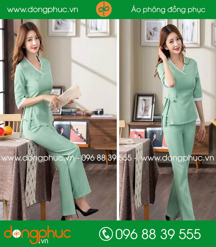 đồng phục spa màu ghi đậm viền trắng